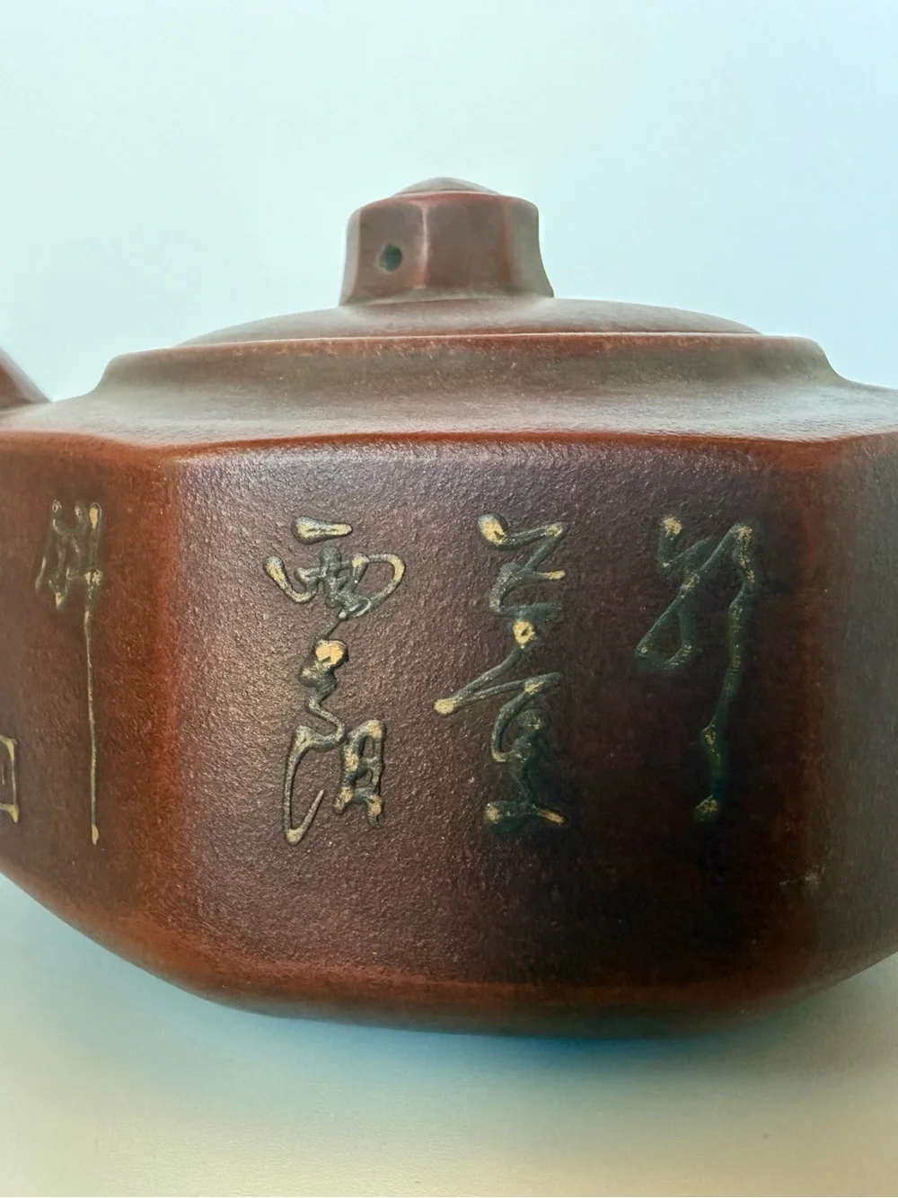 Chinese Yixing Zisha Hexagonal Teapot Gu Jingzhou Mark Calligraphy 340ml